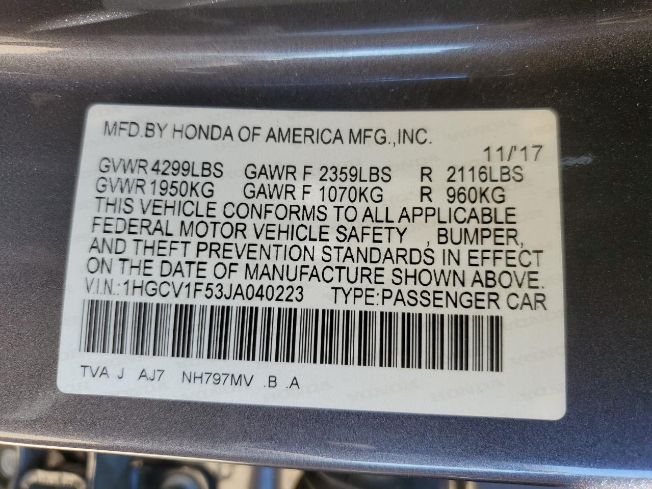 2018 Honda Accord Exl VIN: 1HGCV1F53JA040223 Lot: 84815625