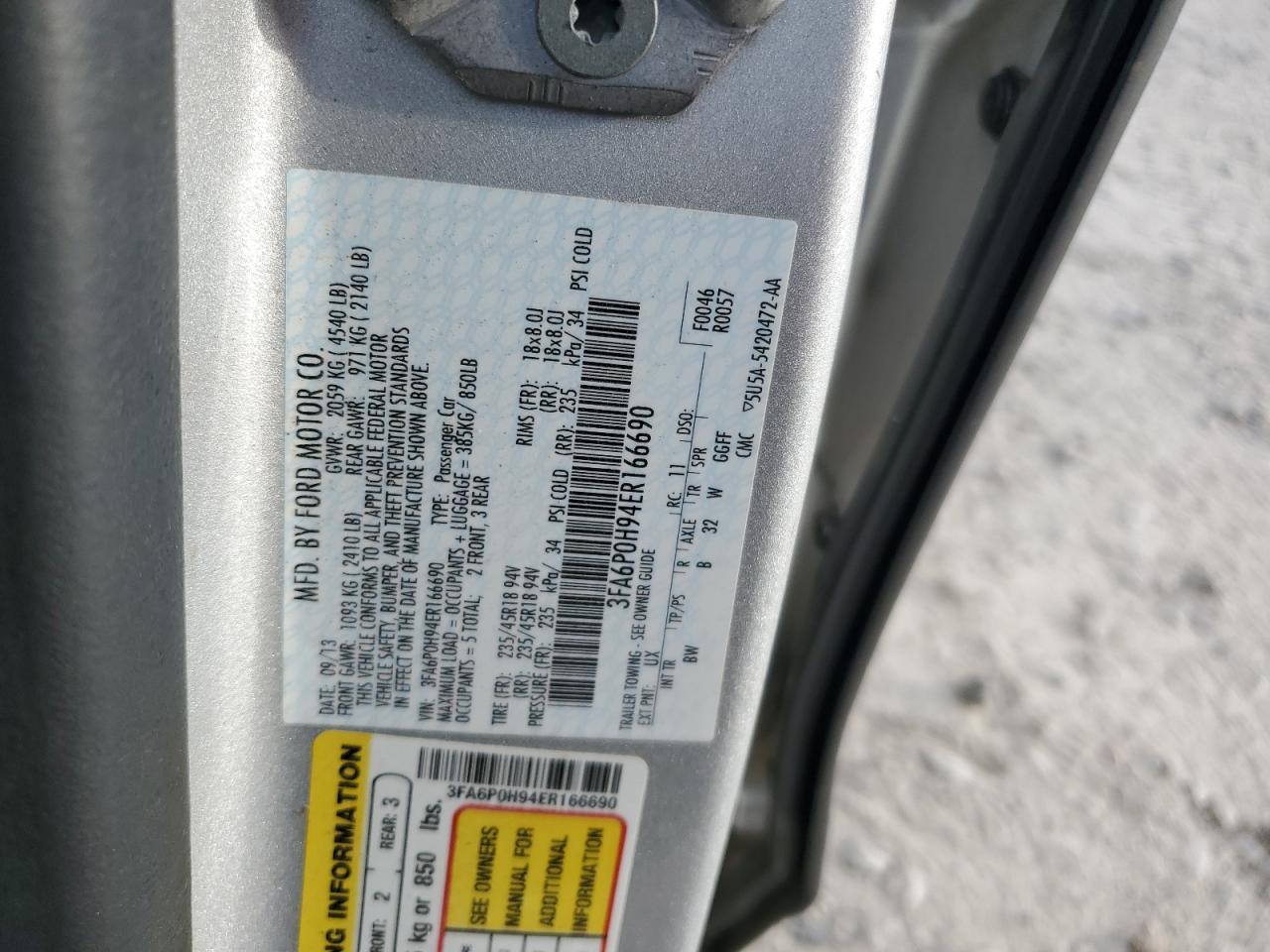 2014 Ford Fusion Se VIN: 3FA6P0H94ER166690 Lot: 84756255