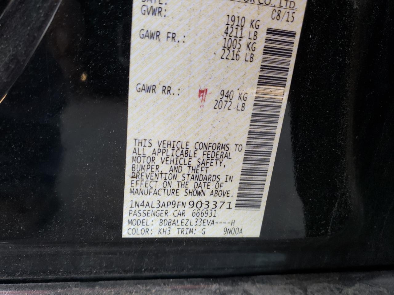 2015 Nissan Altima 2.5 VIN: 1N4AL3AP9FN903371 Lot: 81642065