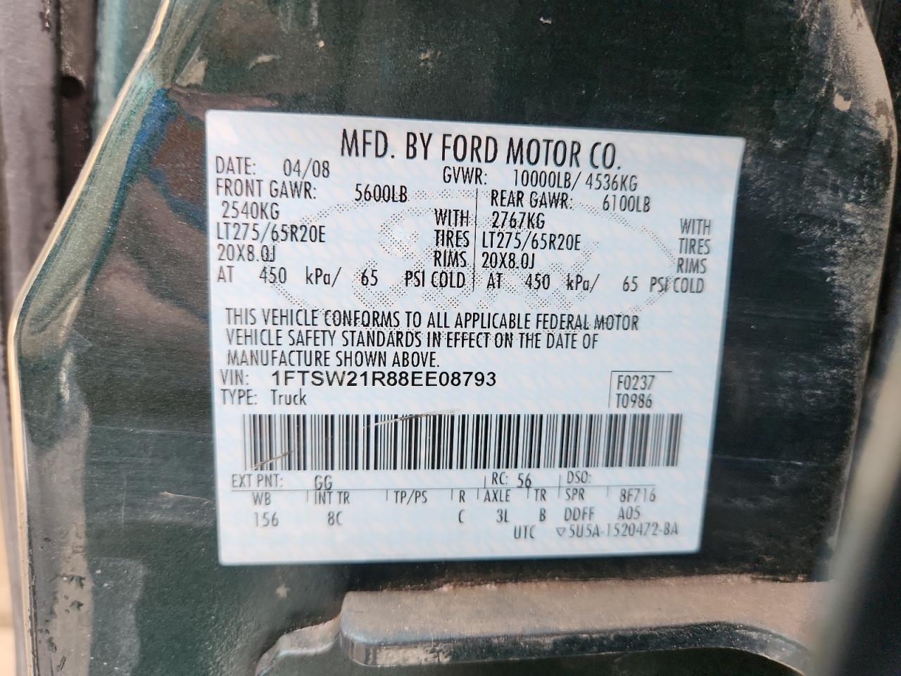 2008 Ford F250 Super Duty VIN: 1FTSW21R88EE08793 Lot: 81320345