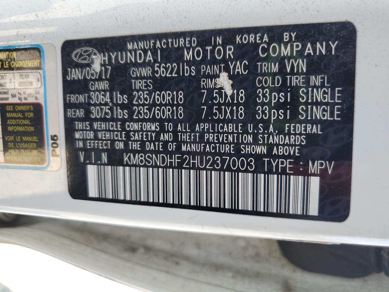 2017 Hyundai Santa Fe Se VIN: KM8SNDHF2HU237003 Lot: 81407765