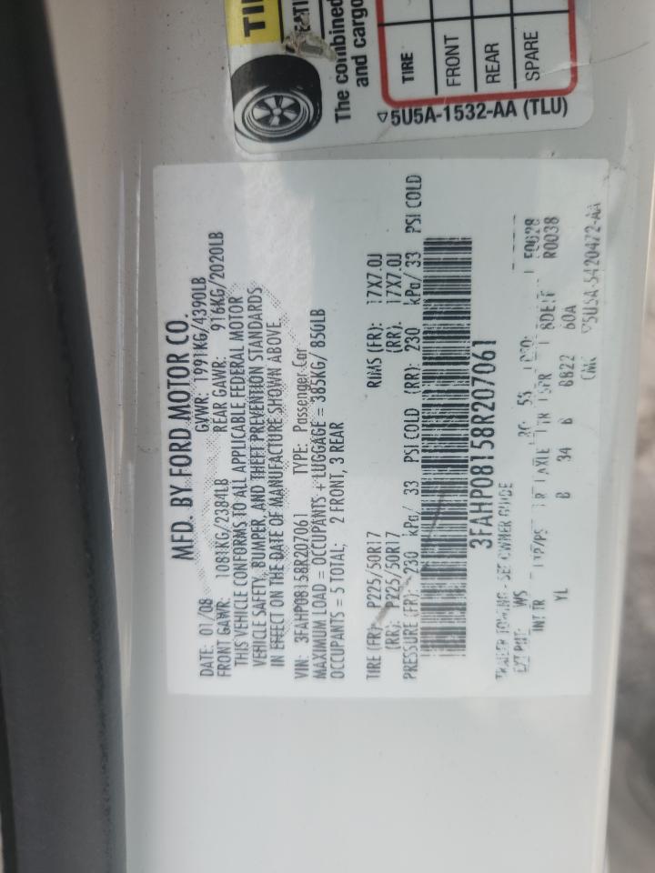 2008 Ford Fusion Sel VIN: 3FAHP08158R207061 Lot: 82164215