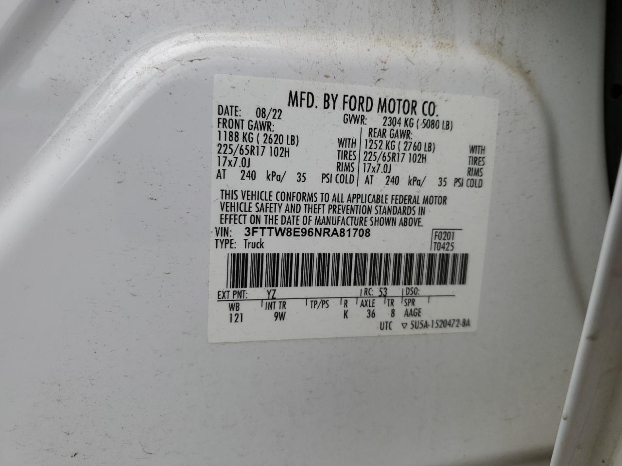 2022 Ford Maverick Xl VIN: 3FTTW8E96NRA81708 Lot: 81900305