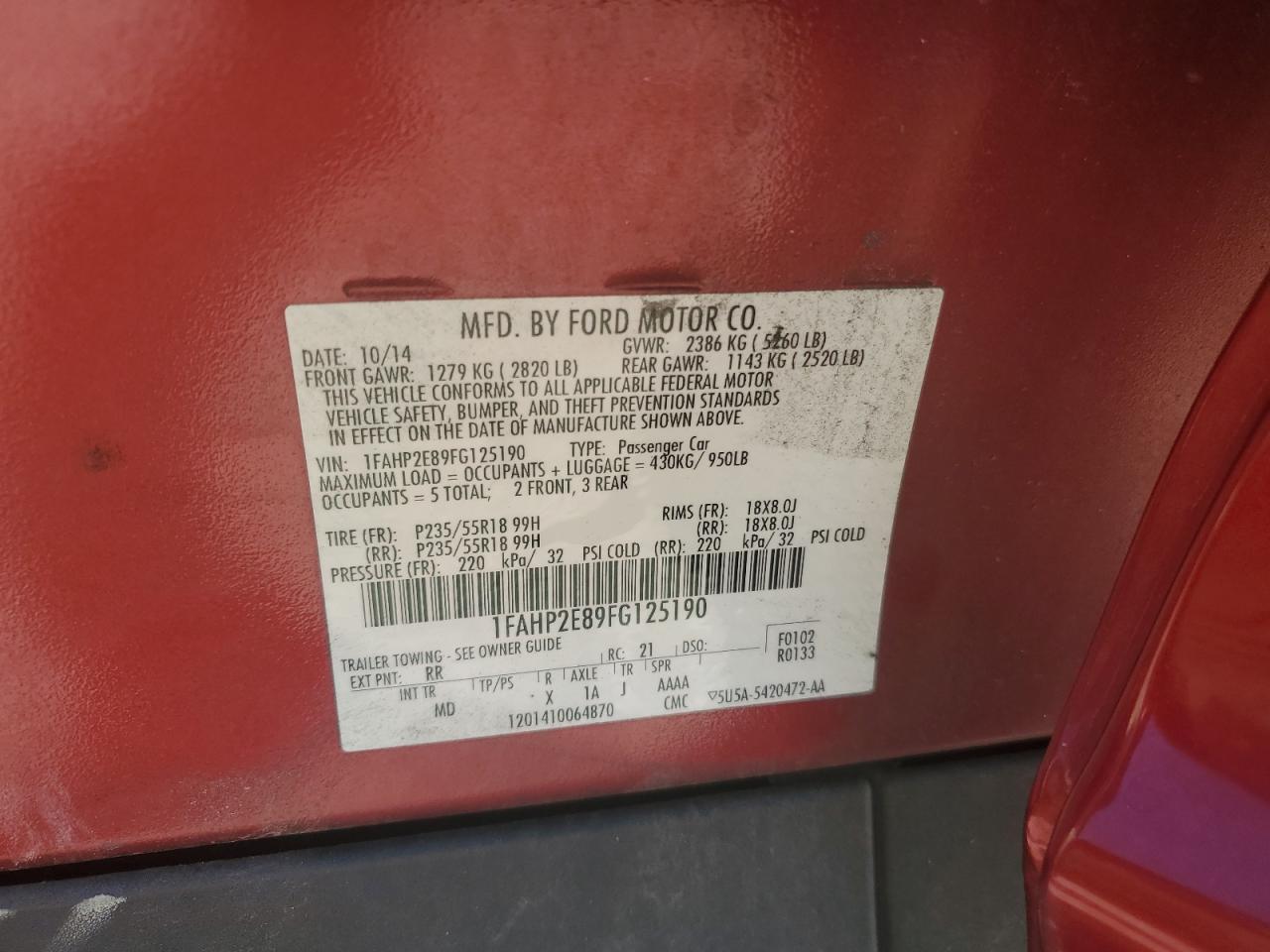 2015 Ford Taurus Sel VIN: 1FAHP2E89FG125190 Lot: 81487855