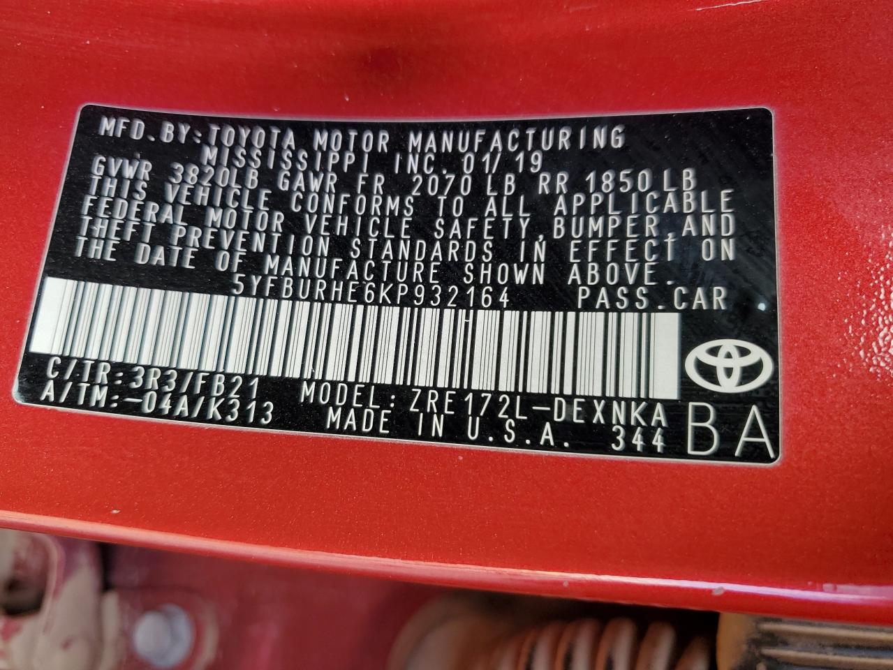 2019 Toyota Corolla L VIN: 5YFBURHE6KP932164 Lot: 80758085