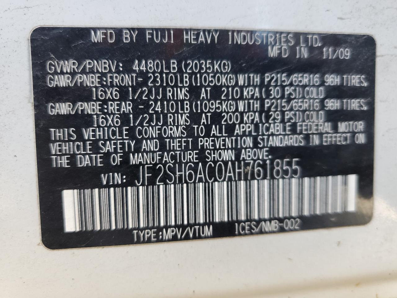 2010 Subaru Forester 2.5X VIN: JF2SH6AC0AH761855 Lot: 84768315