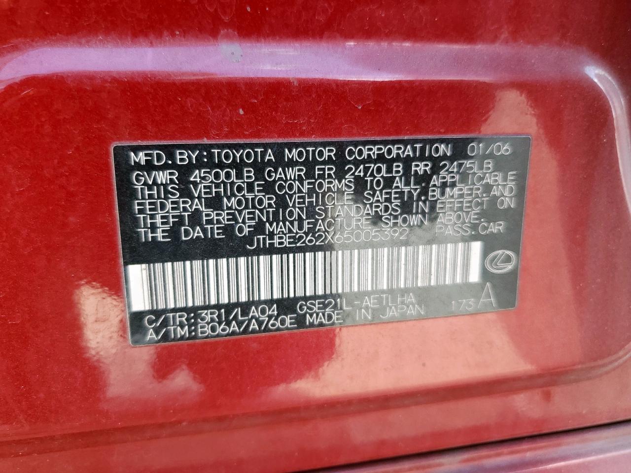 2006 Lexus Is 350 VIN: JTHBE262X65005392 Lot: 83754545