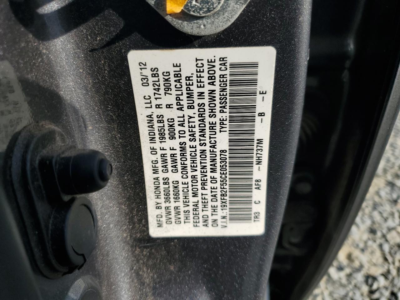 2012 Honda Civic Lx VIN: 19XFB2F55CE053078 Lot: 81772965