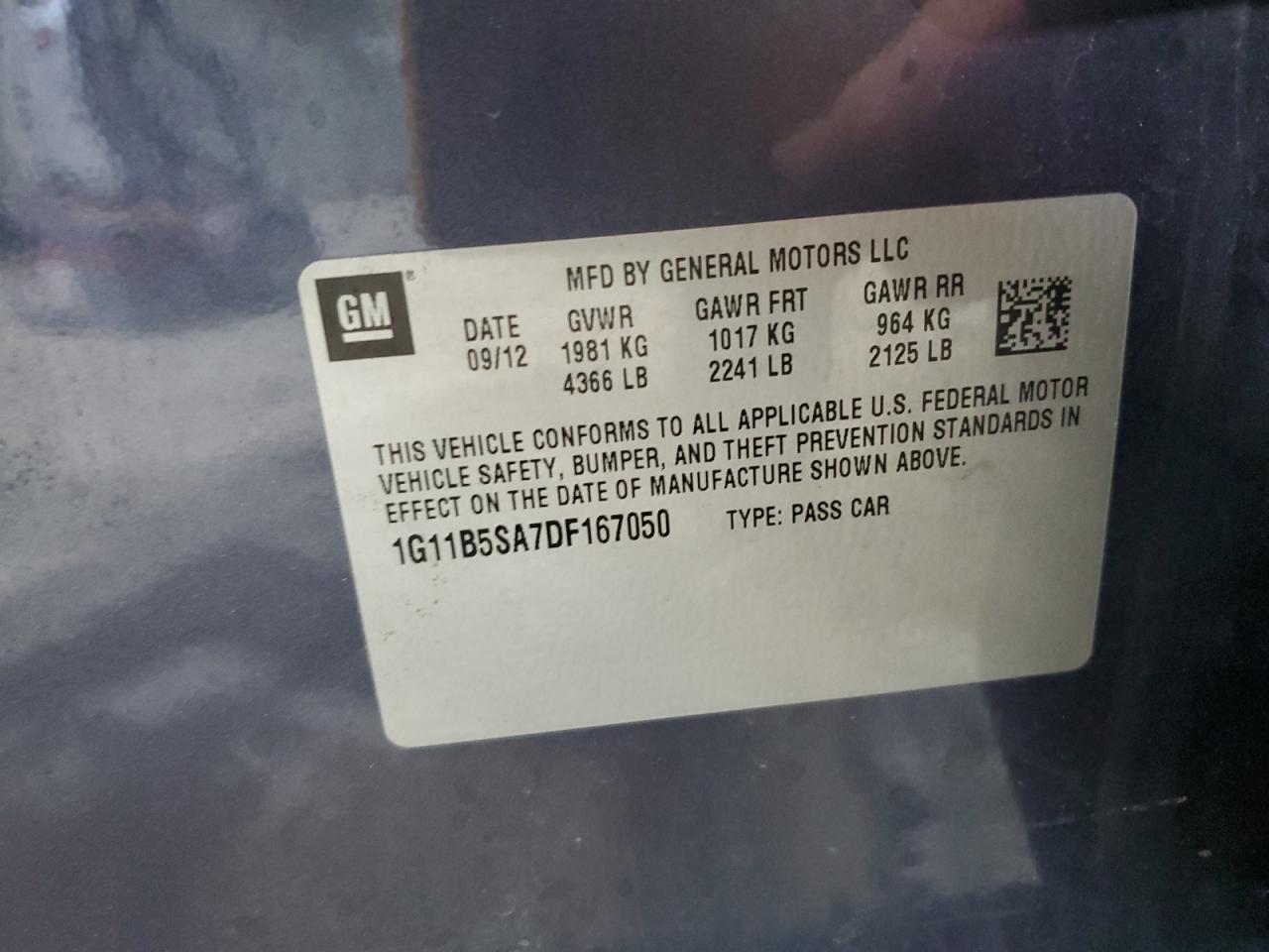 2013 Chevrolet Malibu Ls VIN: 1G11B5SA7DF167050 Lot: 70800245