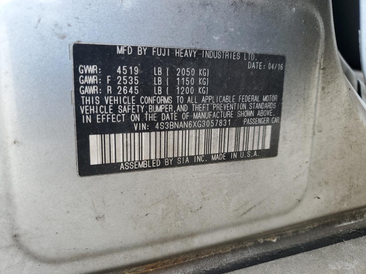 2016 Subaru Legacy 2.5I Limited VIN: 4S3BNAN6XG3057831 Lot: 81866845