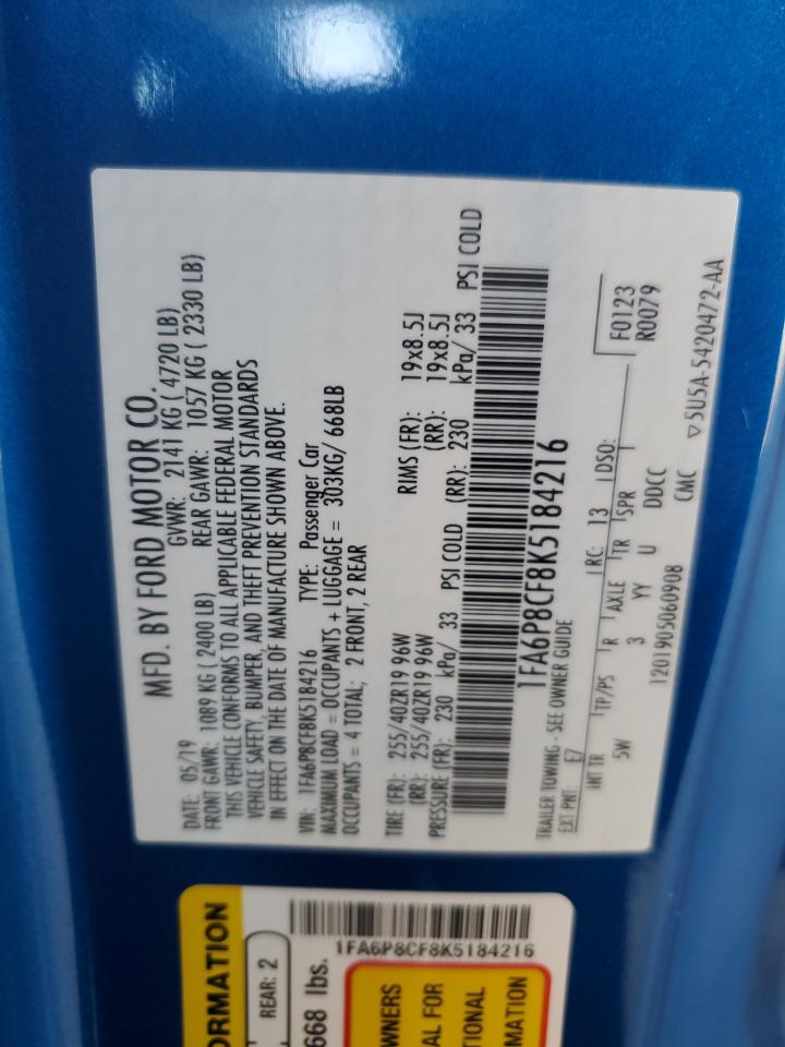 2019 Ford Mustang Gt VIN: 1FA6P8CF8K5184216 Lot: 70648735