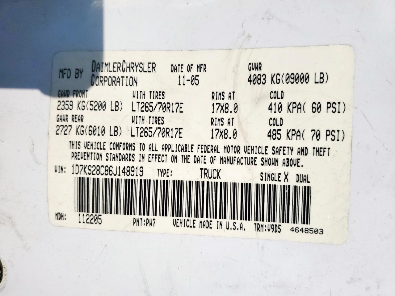 2006 Dodge Ram 2500 St VIN: 1D7KS28C86J148919 Lot: 80925445