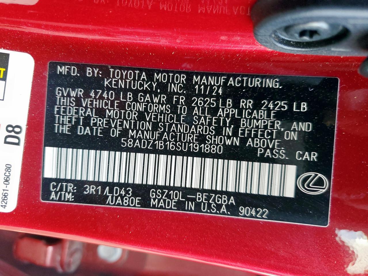 2025 Lexus Es 350 Base VIN: 58ADZ1B16SU191880 Lot: 72016655