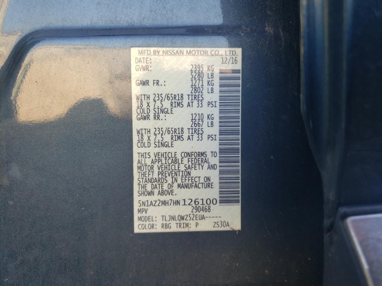 2017 Nissan Murano S VIN: 5N1AZ2MH7HN126100 Lot: 81866795