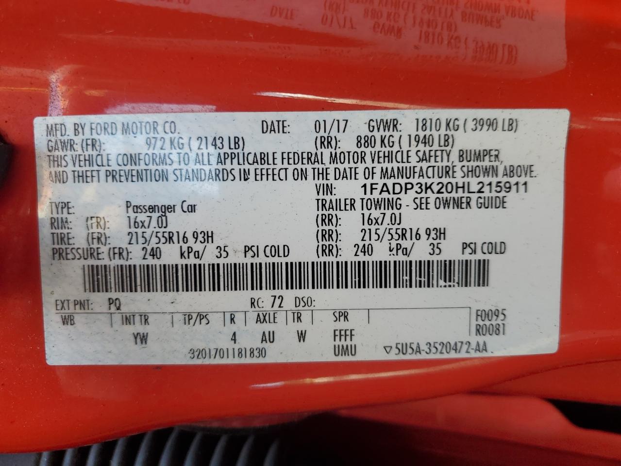 2017 Ford Focus Se VIN: 1FADP3K20HL215911 Lot: 71616285