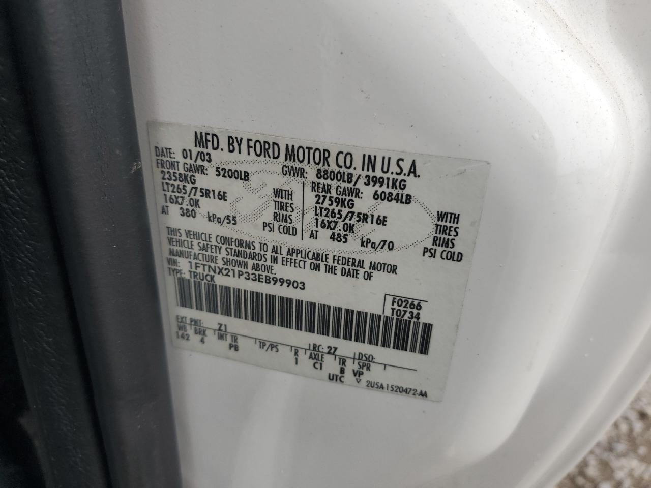 2003 Ford F250 Super Duty VIN: 1FTNX21P33EB99903 Lot: 84622795