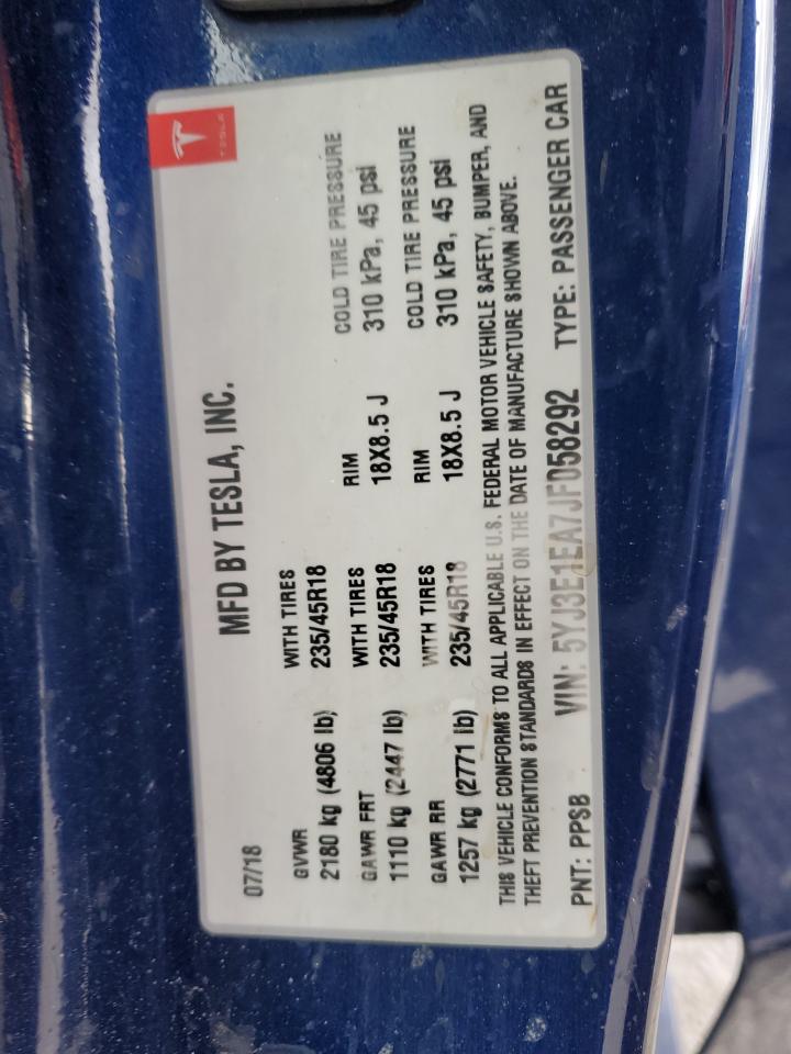 2018 Tesla Model 3 VIN: 5YJ3E1EA7JF058292 Lot: 71261025