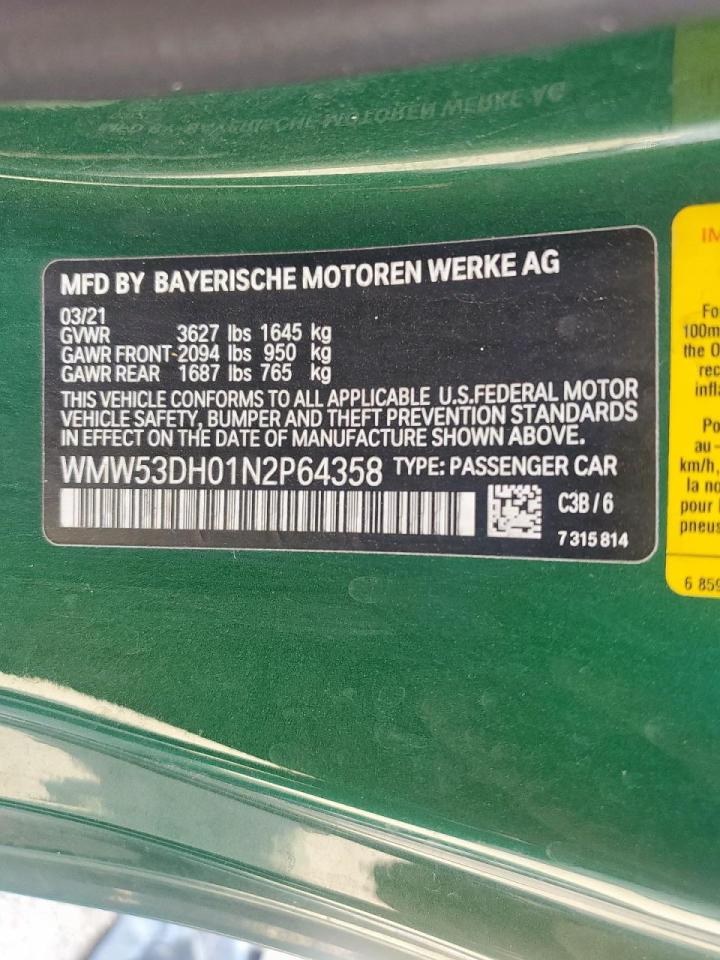 2022 Mini Cooper S VIN: WMW53DH01N2P64358 Lot: 81019365