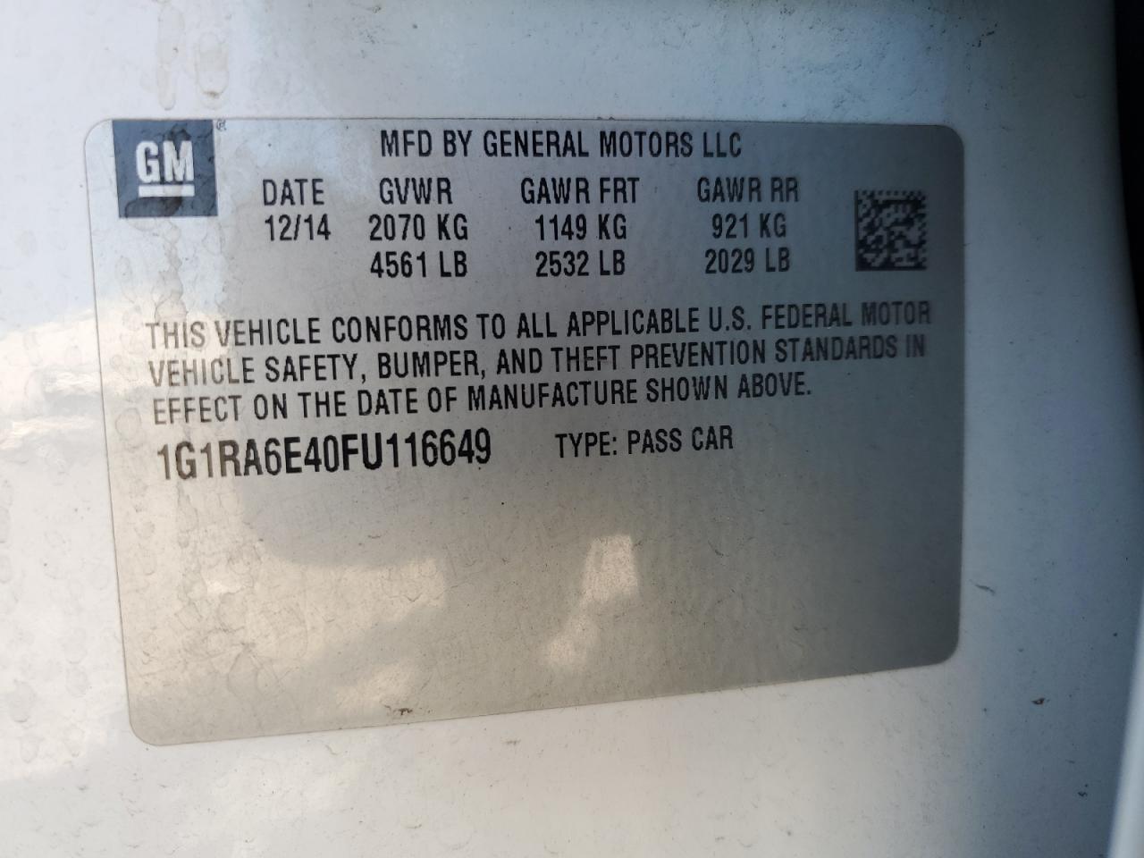 2015 Chevrolet Volt VIN: 1G1RA6E40FU116649 Lot: 71268385