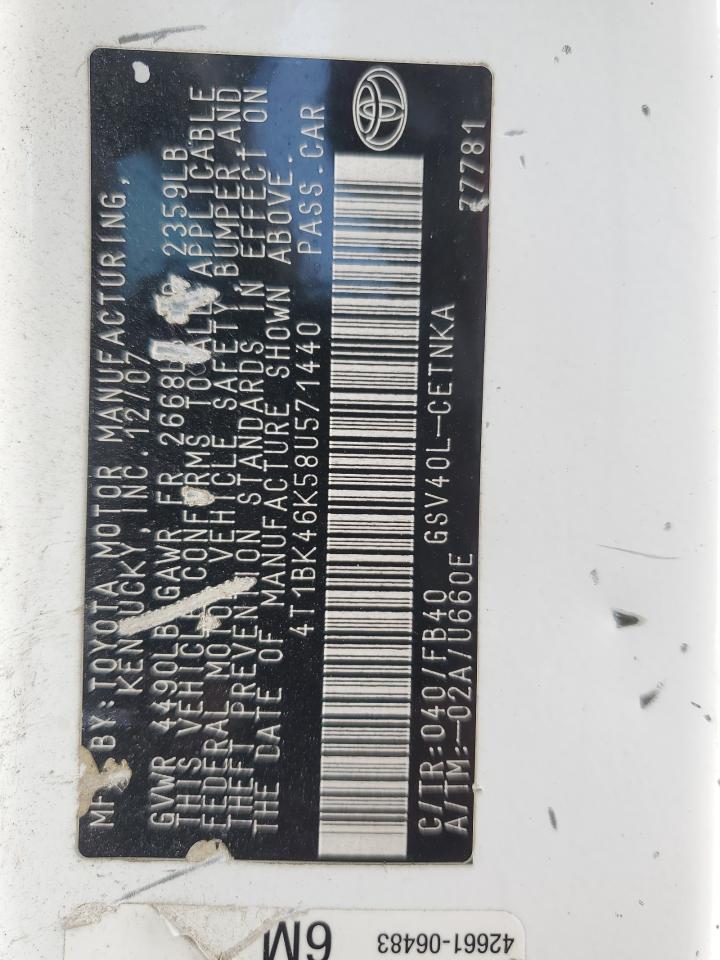 2008 Toyota Camry Le VIN: 4T1BK46K58U571440 Lot: 71766565