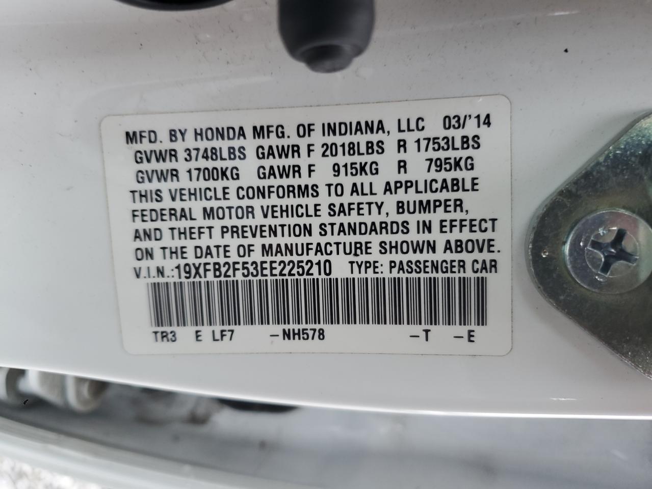 2014 Honda Civic Lx VIN: 19XFB2F53EE225210 Lot: 71375055