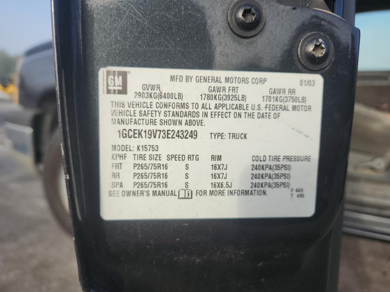 2003 Chevrolet Silverado K1500 VIN: 1GCEK19V73E243249 Lot: 81747595