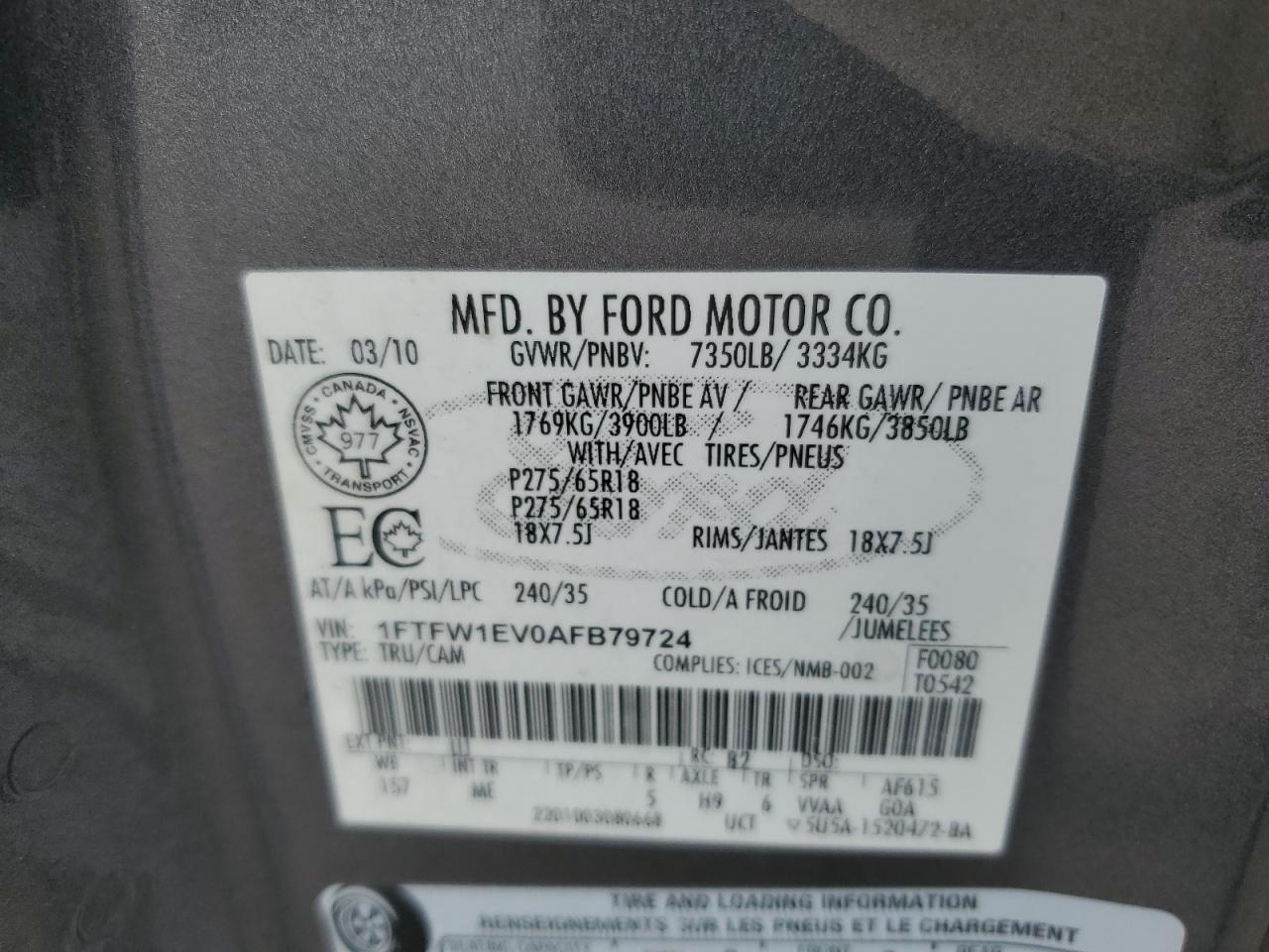 2010 Ford F150 Supercrew VIN: 1FTFW1EV0AFB79724 Lot: 81489655