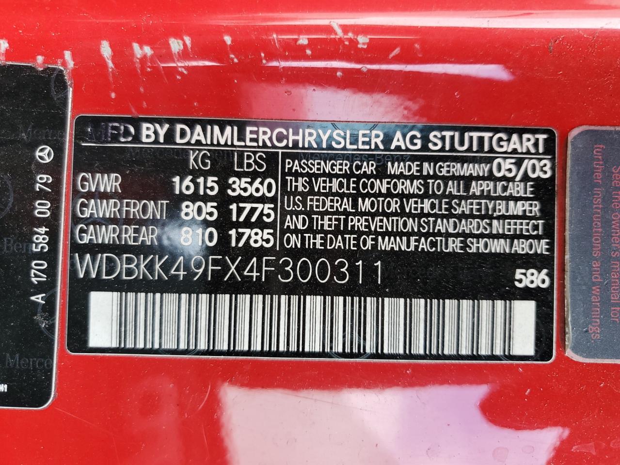 2004 Mercedes-Benz Slk 230 Kompressor VIN: WDBKK49FX4F300311 Lot: 80967295