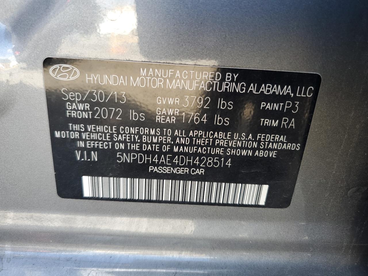 2013 Hyundai Elantra Gls VIN: 5NPDH4AE4DH428514 Lot: 82034655