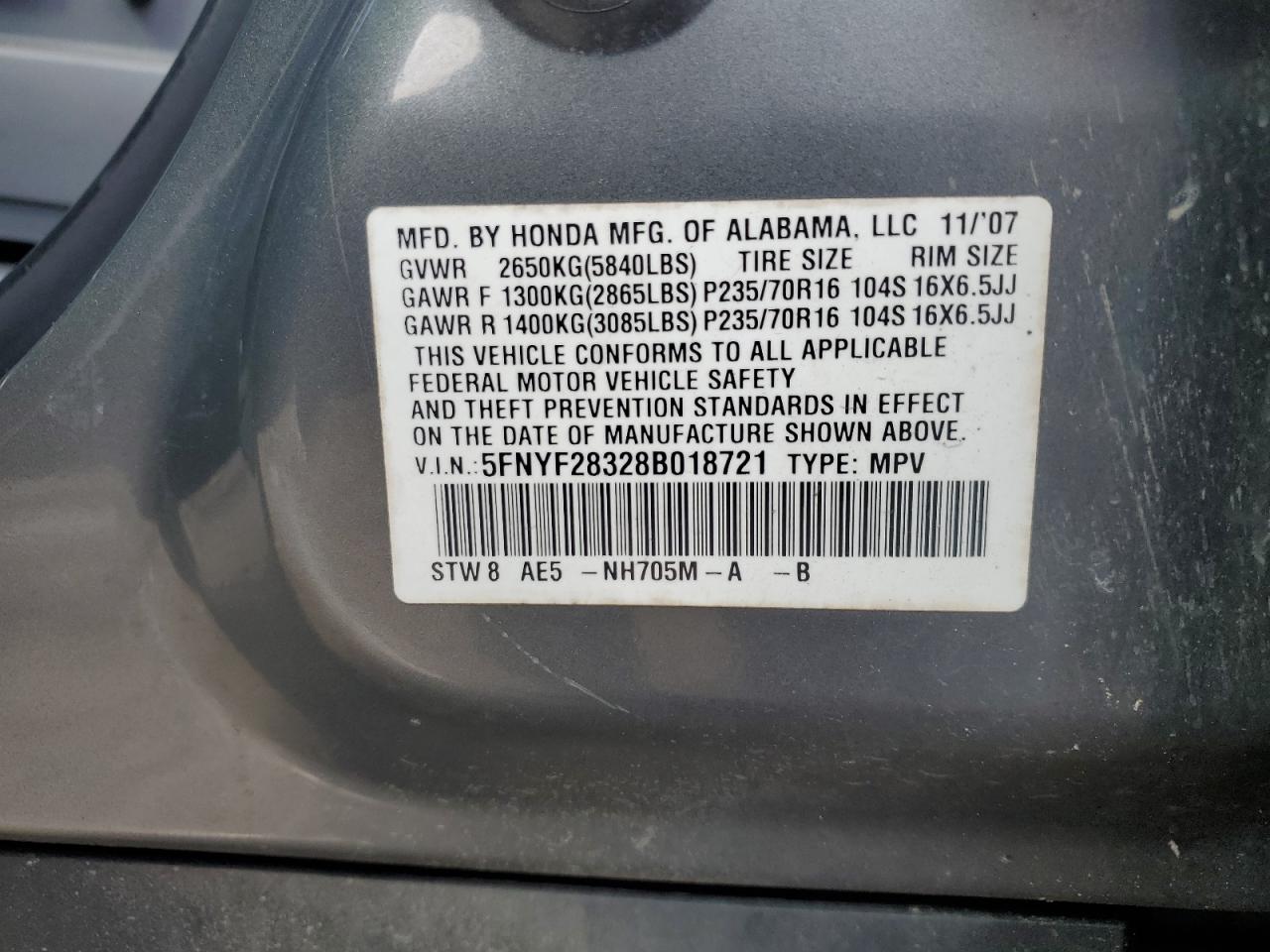 2008 Honda Pilot Se VIN: 5FNYF28328B018721 Lot: 84359965