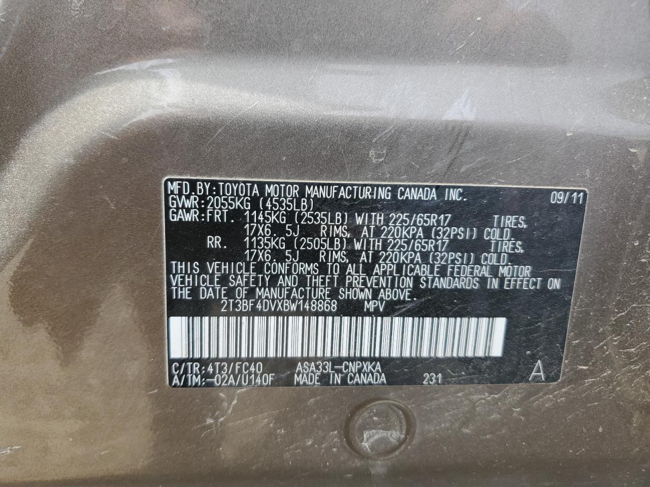 2011 Toyota Rav4 VIN: 2T3BF4DVXBW148868 Lot: 81427495