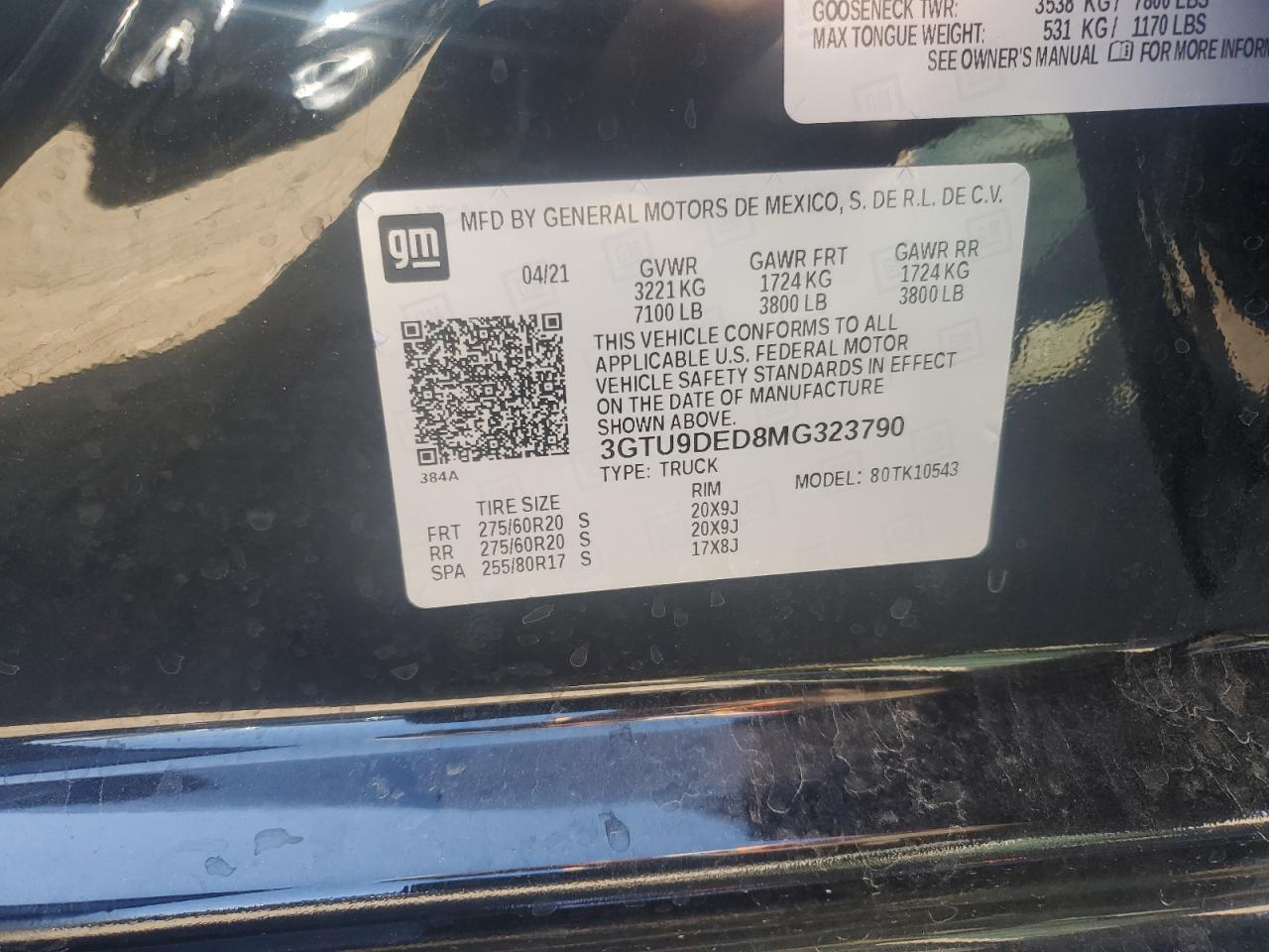 2021 GMC Sierra K1500 Slt VIN: 3GTU9DED8MG323790 Lot: 80252585