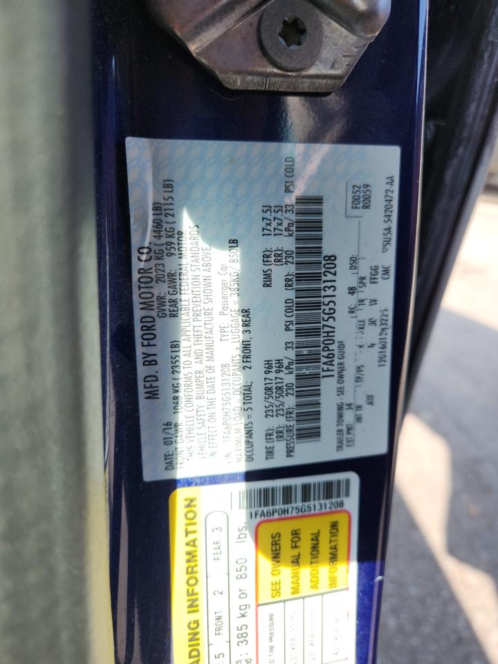 2016 Ford Fusion Se VIN: 1FA6P0H75G5131208 Lot: 71430225