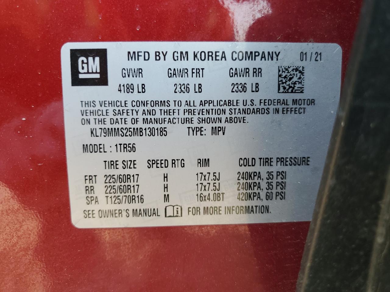 2021 Chevrolet Trailblazer Ls VIN: KL79MMS25MB130185 Lot: 80173965