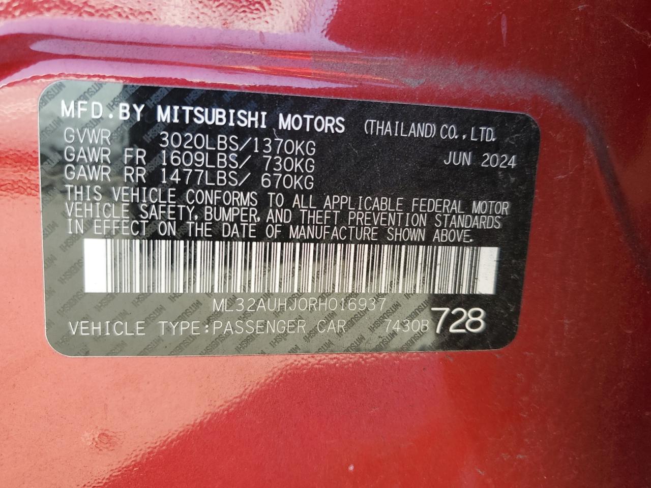 2024 Mitsubishi Mirage Es VIN: ML32AUHJ0RH016937 Lot: 80683695