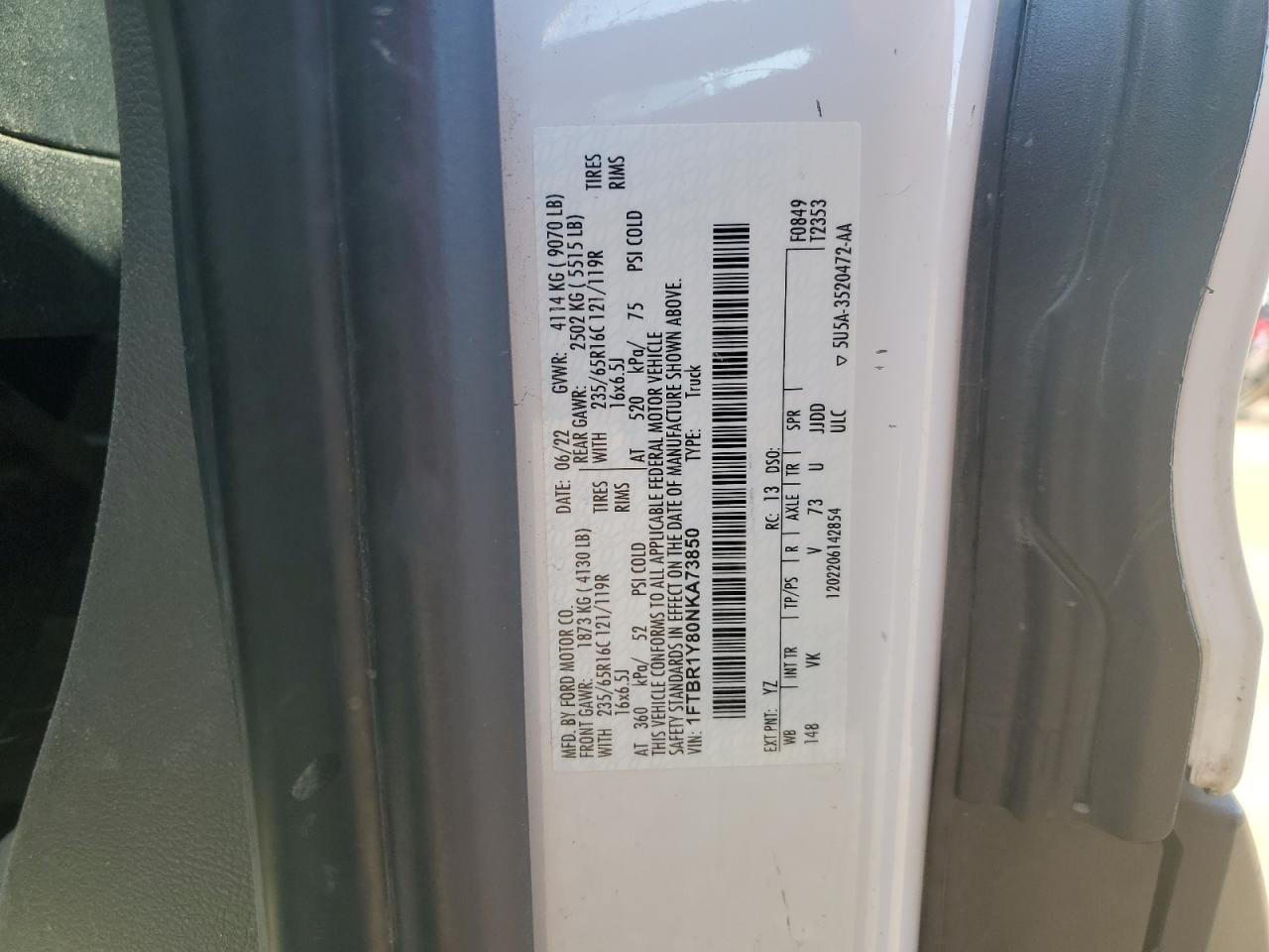 2022 Ford Transit T-250 VIN: 1FTBR1Y80NKA73850 Lot: 80313885