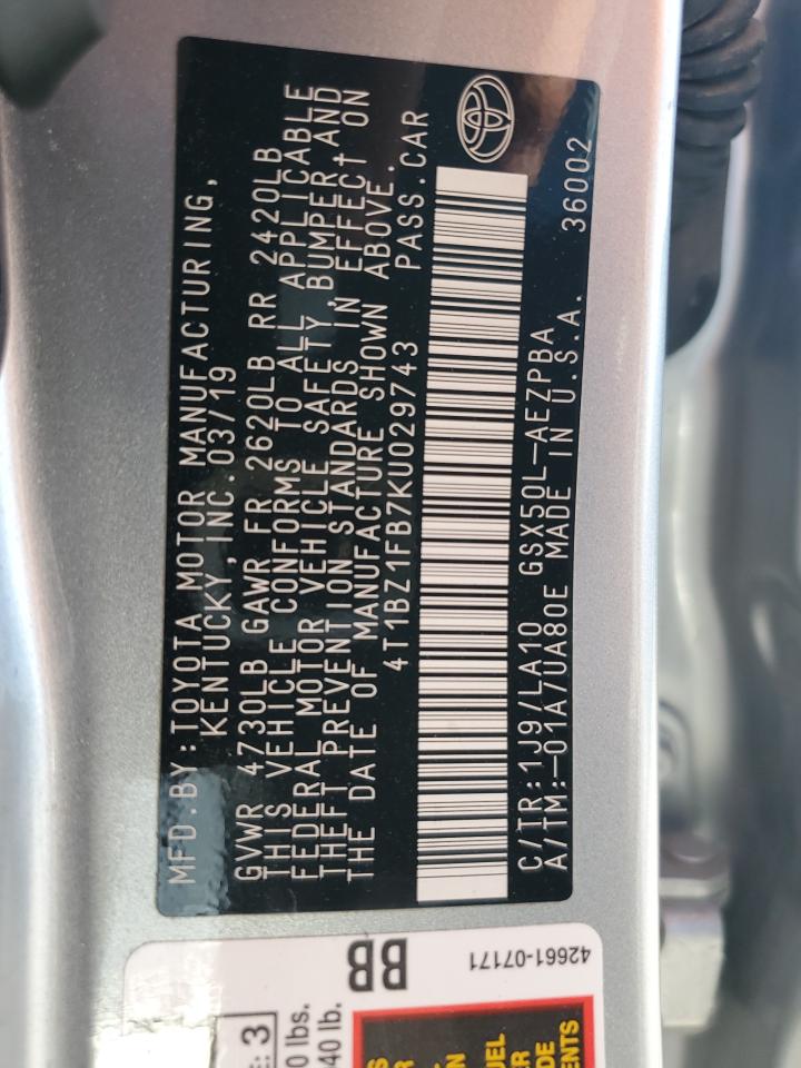 2019 Toyota Avalon Xle VIN: 4T1BZ1FB7KU029743 Lot: 84227435