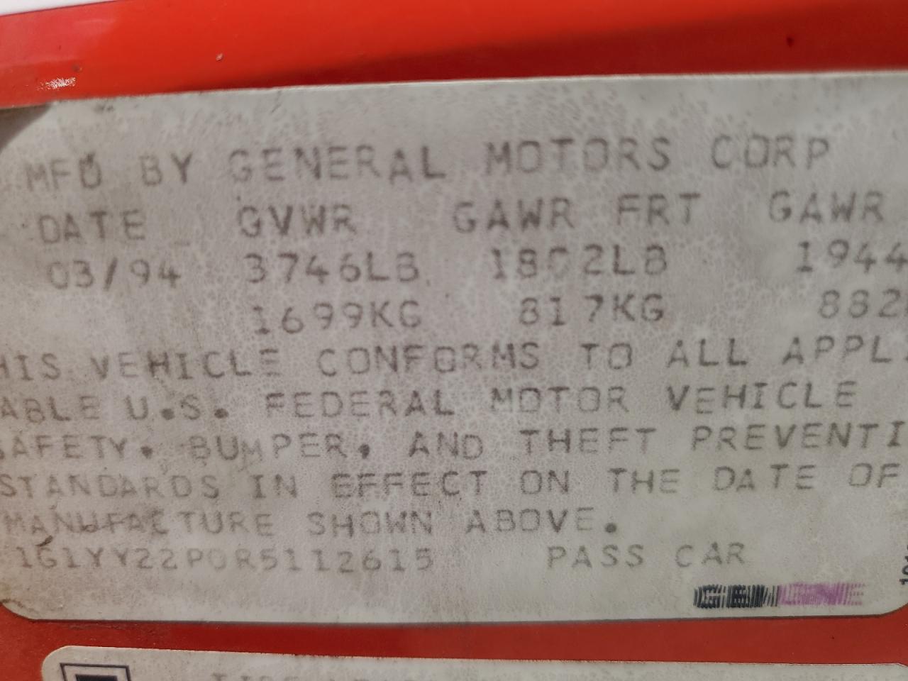 1994 Chevrolet Corvette VIN: 1G1YY22P0R5112615 Lot: 71422765