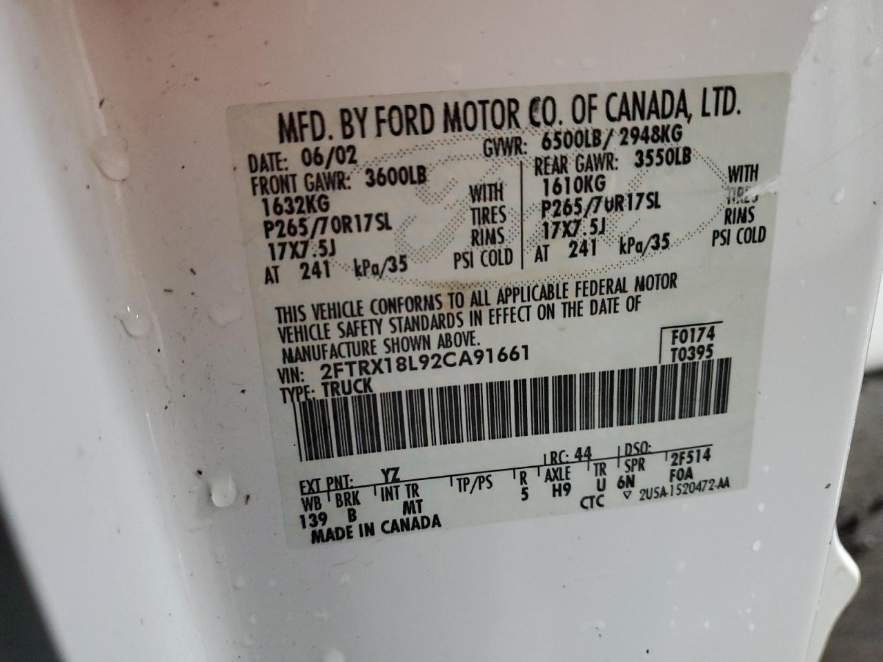 2002 Ford F150 VIN: 2FTRX18L92CA91661 Lot: 82144845