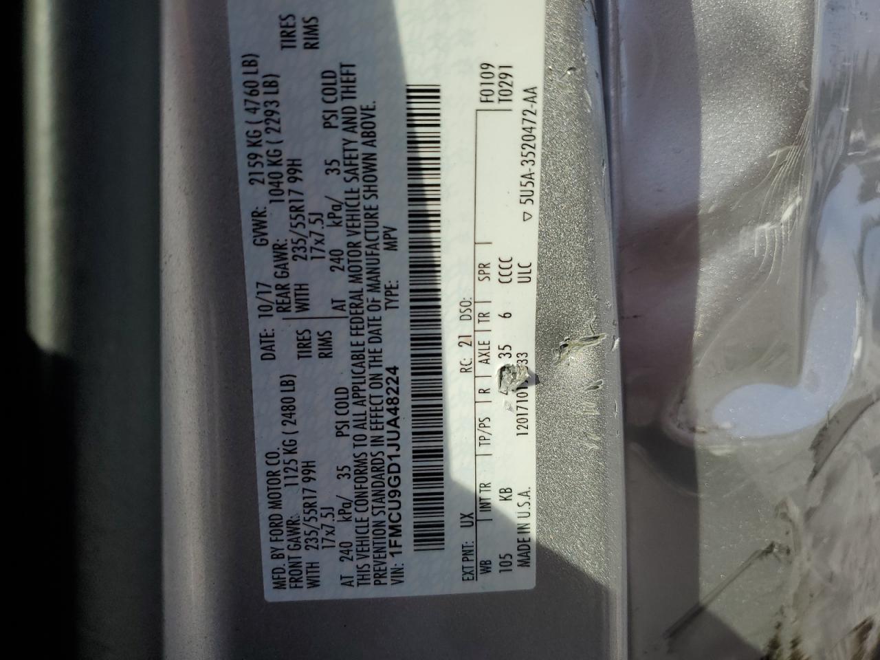 2018 Ford Escape Se VIN: 1FMCU9GD1JUA48224 Lot: 81748285