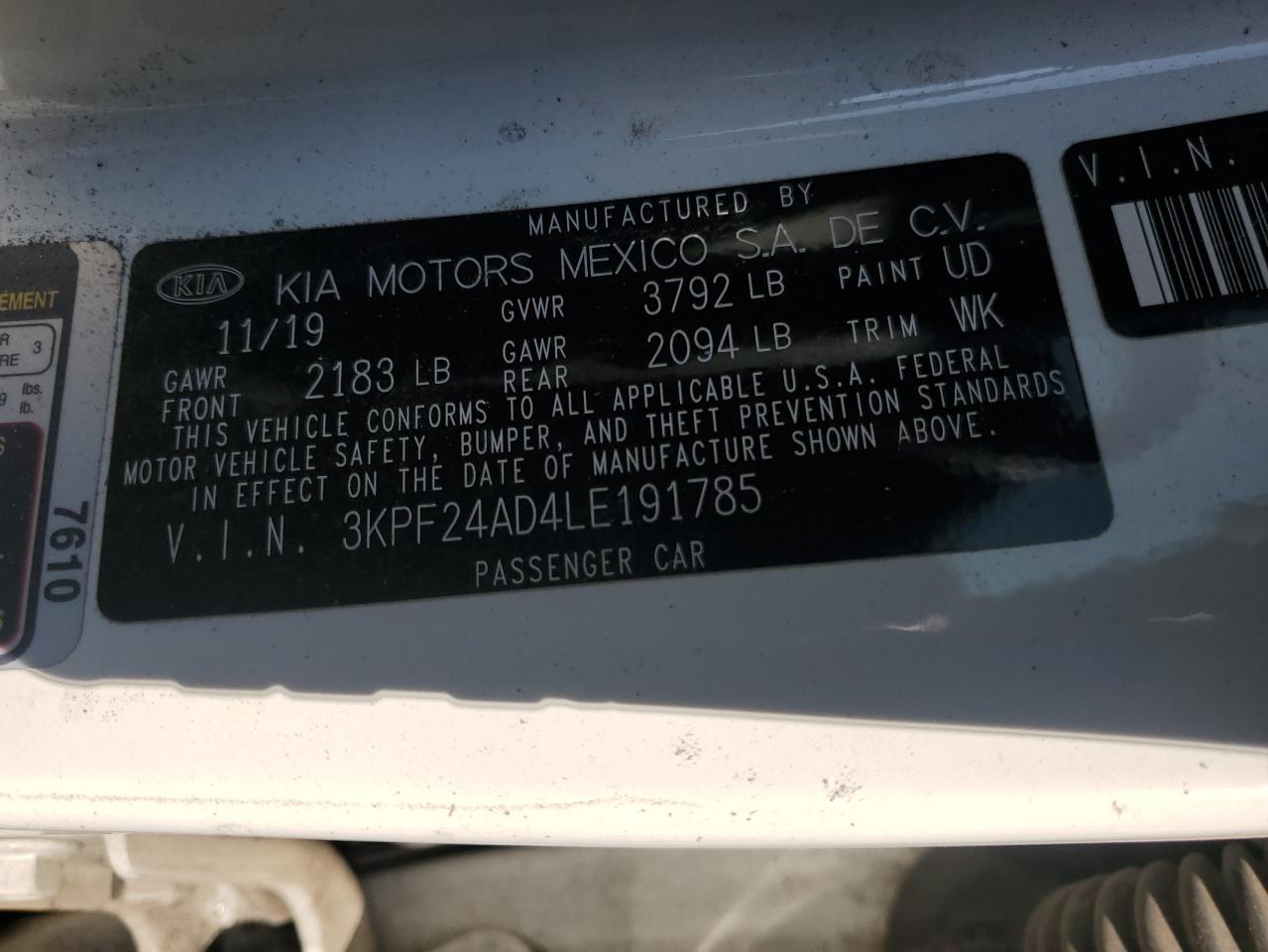 2020 Kia Forte Fe VIN: 3KPF24AD4LE191785 Lot: 80714145