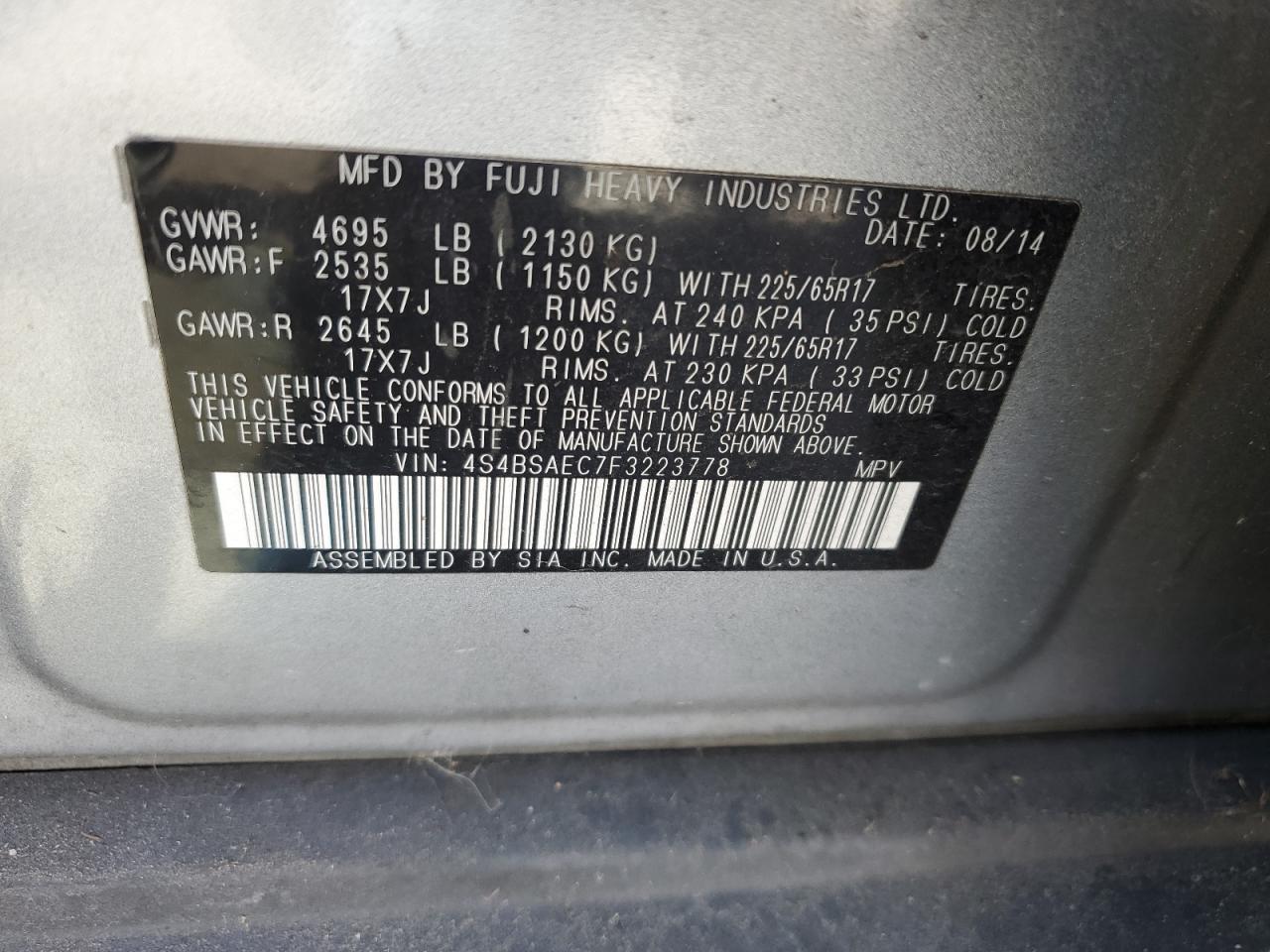2015 Subaru Outback 2.5I Premium VIN: 4S4BSAEC7F3223778 Lot: 71091775