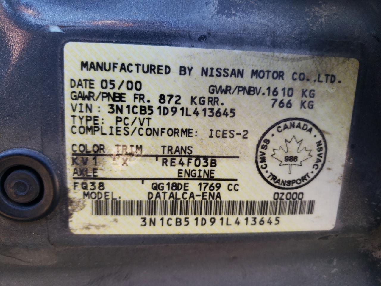2001 Nissan Sentra Xe VIN: 3N1CB51D91L413645 Lot: 84173925