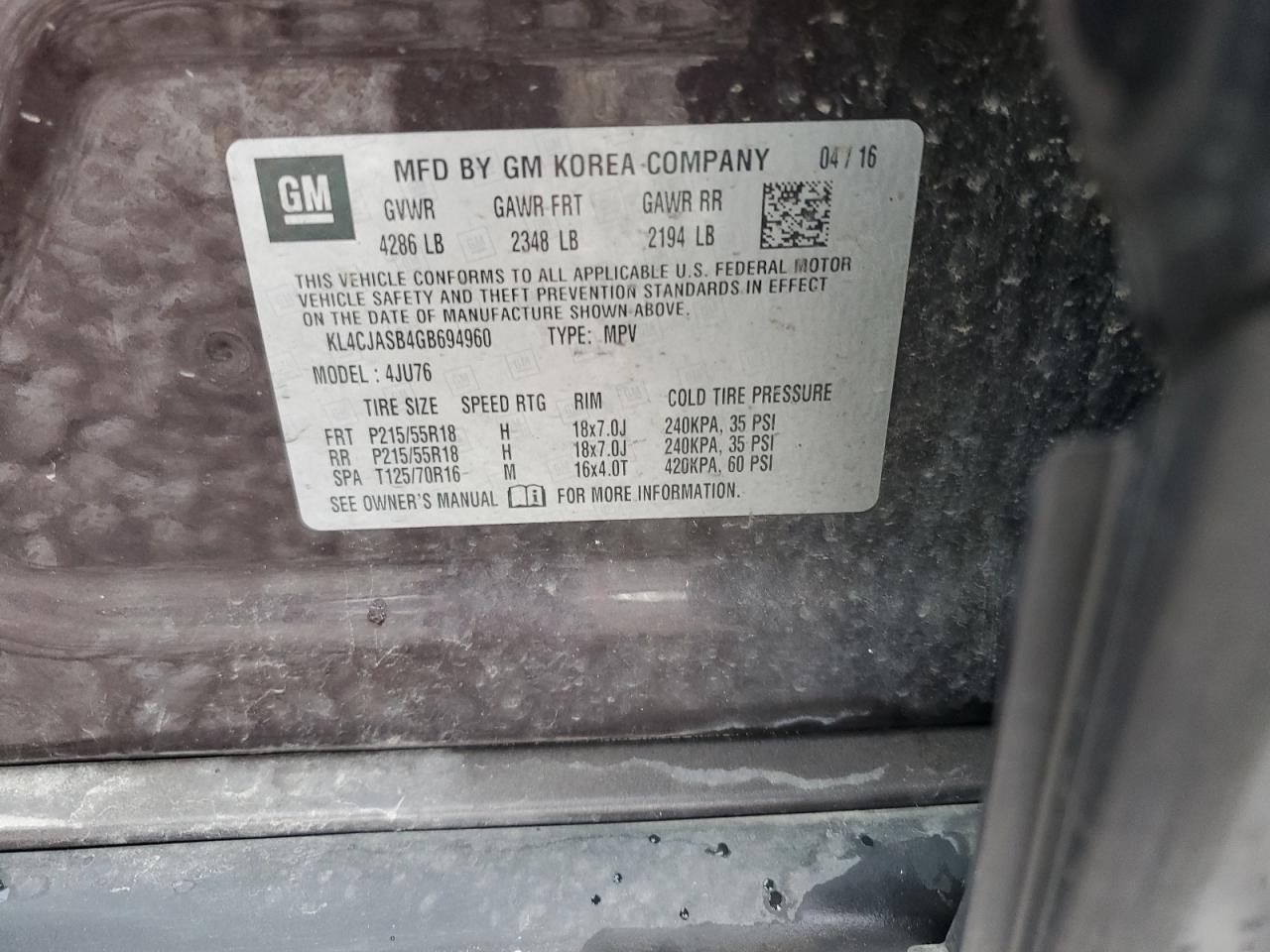 2016 Buick Encore VIN: KL4CJASB4GB694960 Lot: 82025485