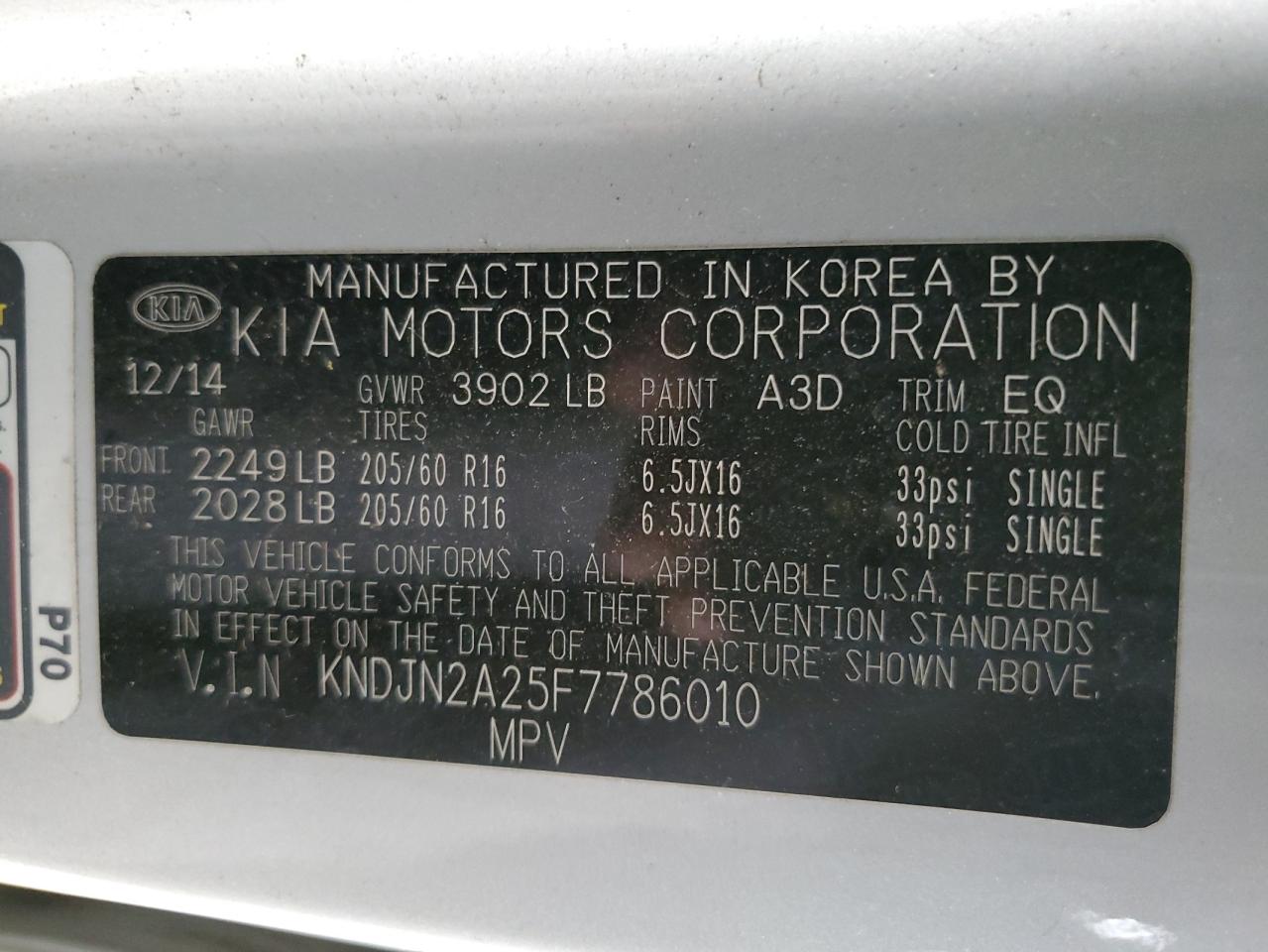 2015 Kia Soul VIN: KNDJN2A25F7786010 Lot: 70944535