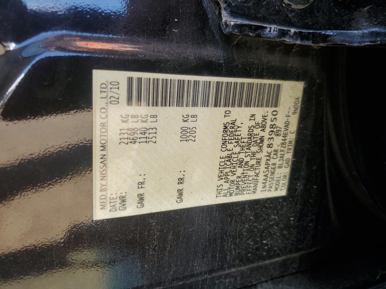 2010 Nissan Maxima S VIN: 1N4AA5APXAC839850 Lot: 71911105