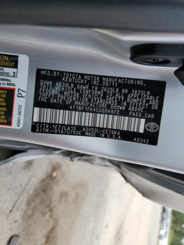 2012 Toyota Camry Base VIN: 4T1BF1FK4CU004972 Lot: 70702105