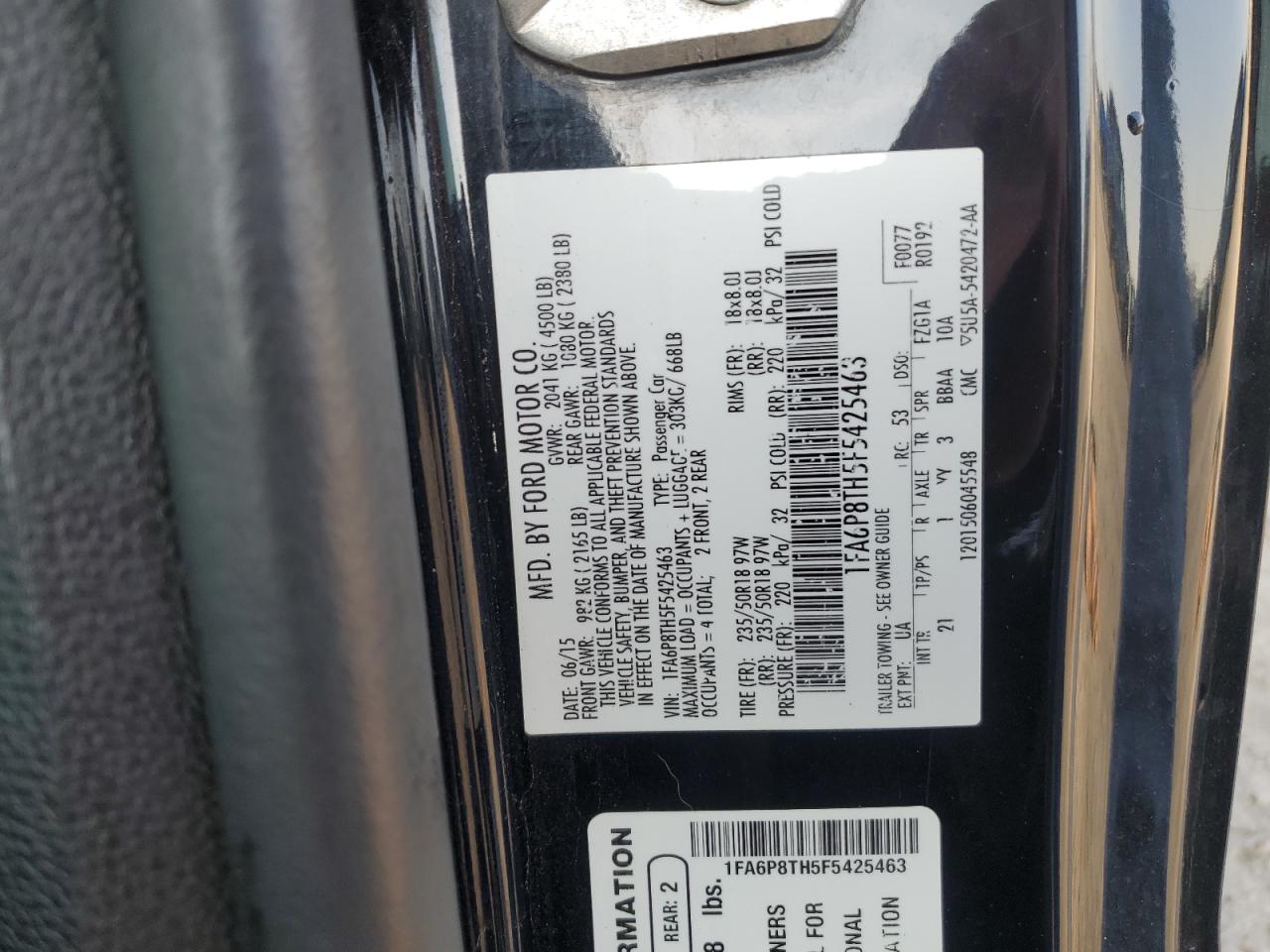 2015 Ford Mustang VIN: 1FA6P8TH5F5425463 Lot: 80398035