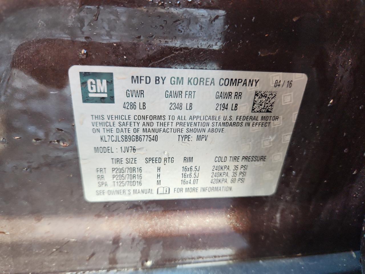 2016 Chevrolet Trax 1Lt VIN: KL7CJLSB9GB677540 Lot: 71309655