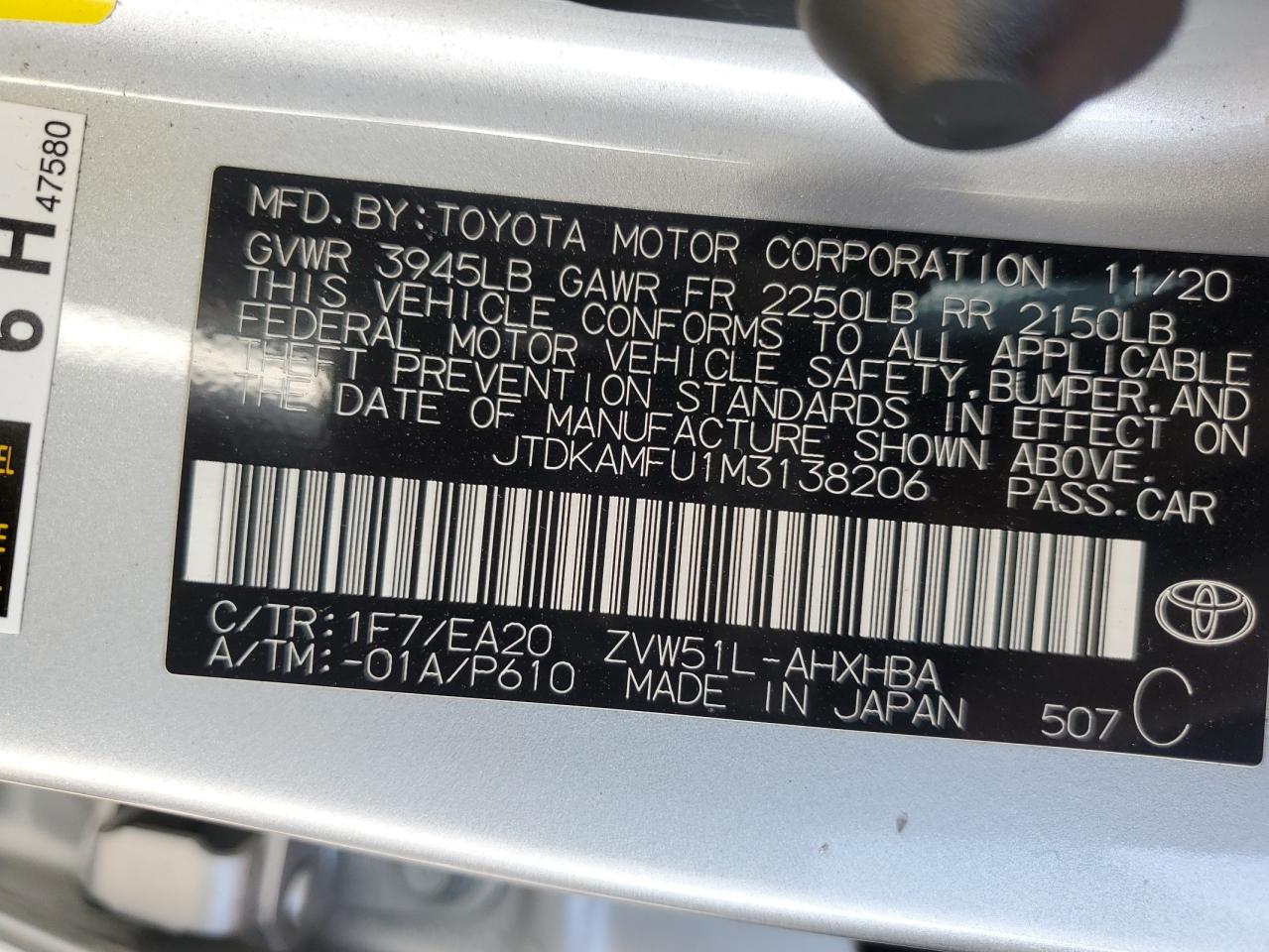 2021 Toyota Prius Special Edition VIN: JTDKAMFU1M3138206 Lot: 80360175